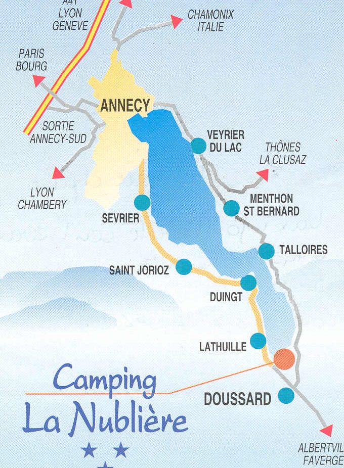Kaart meer van Annecy Kaart van de regio rond Annecy met belangrijke locaties en campings aangegeven.